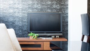 A modern living room with a flat-screen TV on a wooden stand, a small plant, and a leather chair. - Sakamoto Building 6F (Osaka)