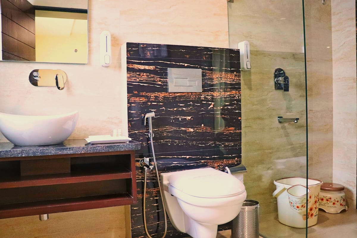 Shower, hydromassage showerhead, free toiletries, towels