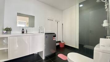 A modern bathroom with a white sink, mirror, and toilet. There is a shower area with a glass door and a handheld showerhead.
