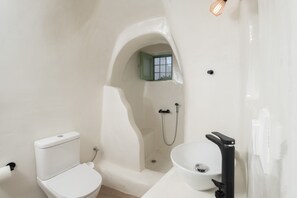 Douche, séchoir à cheveux, serviettes fournies, savon