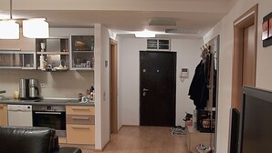A modern living room with a black leather sofa, a flat-screen TV, and a wooden floor. - Dorobanti 11 - 2 bedroom apartment (Sector 1)