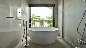 Ensemble baignoire-douche, articles de toilette (gratuits)