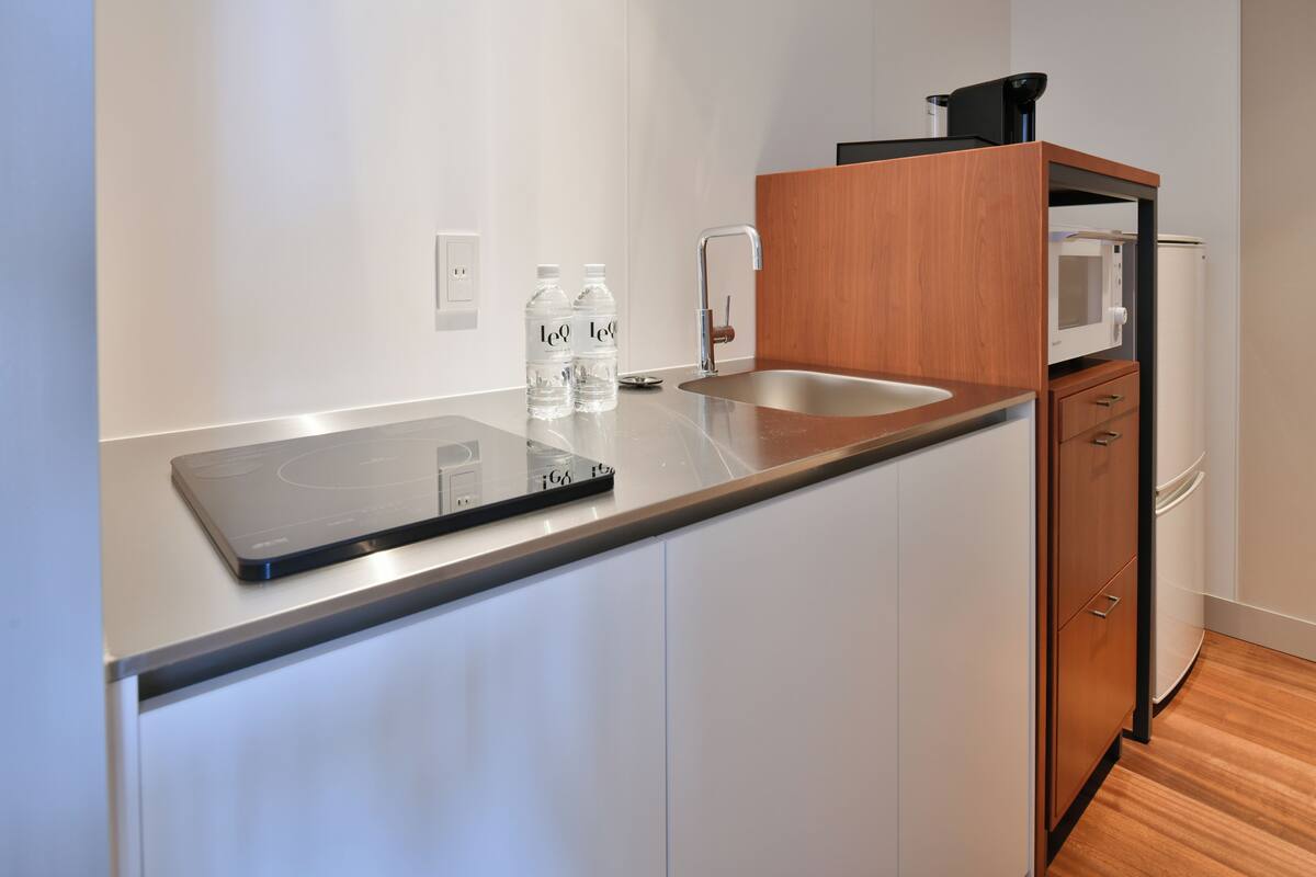 fridge, microwave, electric kettle