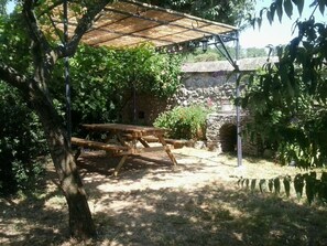 Relax under a shaded pergola surrounded by lush greenery and a variety of plants.