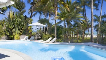 Outdoor pool, pool umbrellas, pool loungers