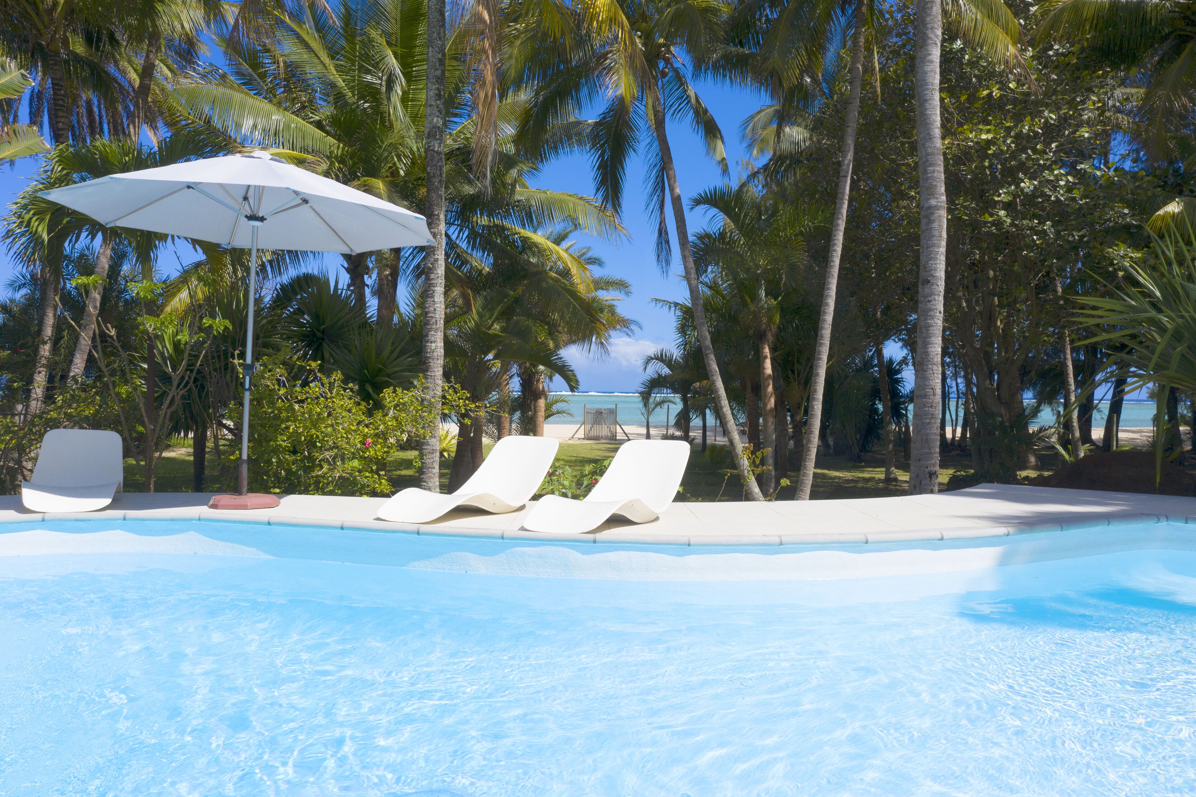 Outdoor pool, pool umbrellas, sun loungers