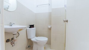 A small, clean bathroom with a white sink, toilet, and mirror.