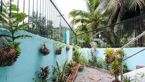 A small courtyard with a gravel path, surrounded by plants and a blue wall. - RedDoorz @ Dinagpan Street Coron (Coron)