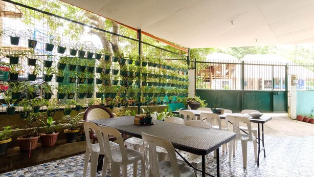 An outdoor patio area with a tiled floor, white plastic chairs, and tables. There is a wall with multiple potted plants arranged in a grid pattern. - RedDoorz @ Dinagpan Street Coron (Coron)