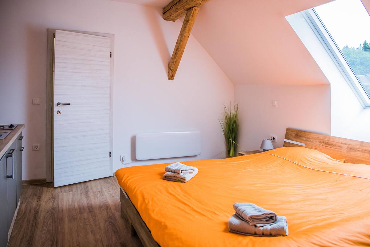 A bedroom with a wooden ceiling, a white door, an orange bedspread, and a bedside table with a lamp.
