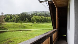Vista desde un balcón con baranda de madera, sobre un campo verde con animales pastando y una colina boscosa al fondo.