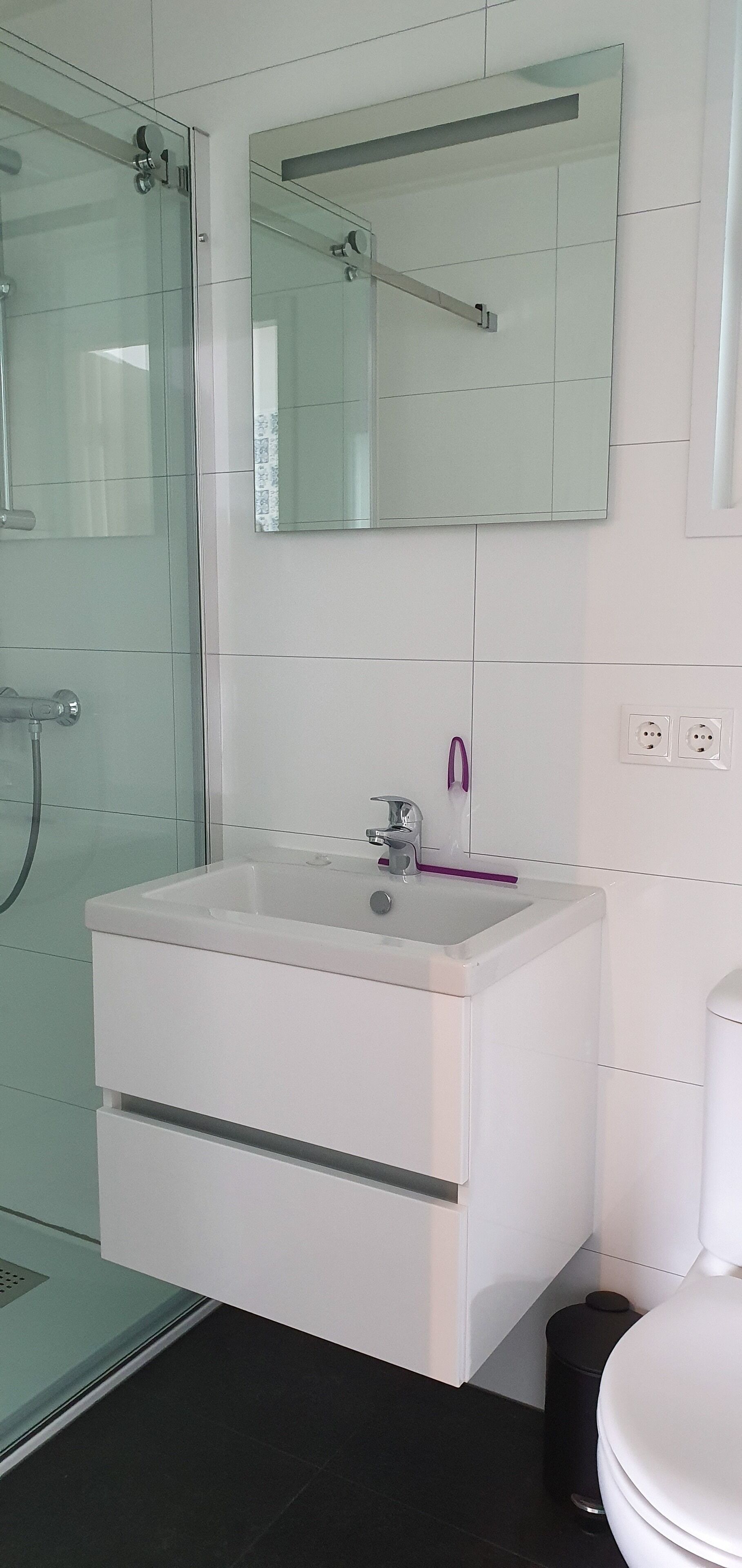 A modern bathroom with a glass shower enclosure, a white sink with a mirror above it, and a toilet to the right.