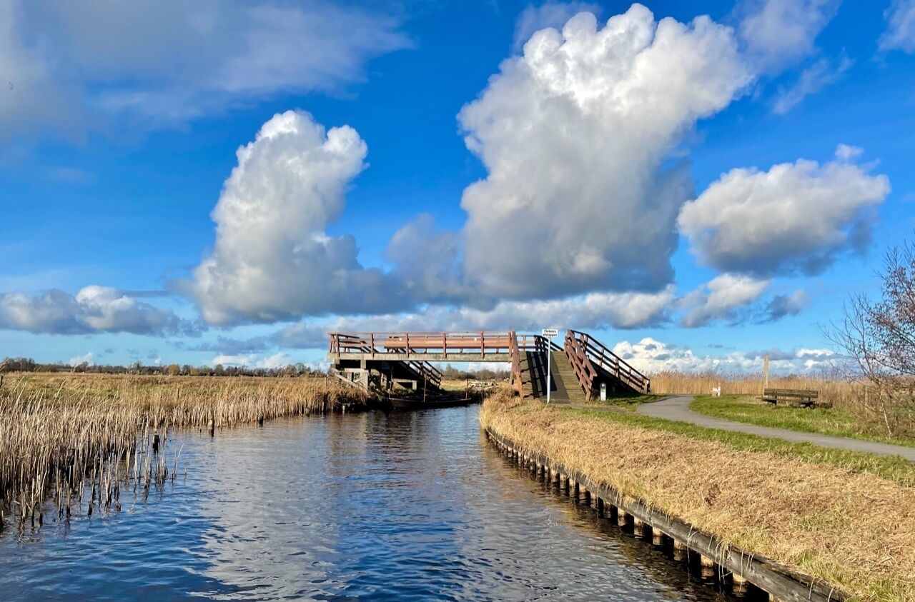 En træbro over en rolig flod med en græsklædt bred og en klar, blå himmel.