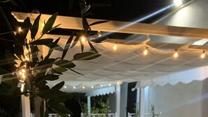 Ein Patio im Freien mit Korbmöbeln, Lichterketten und Topfpflanzen.