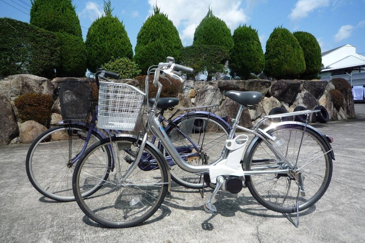 A bicycle with a basket and a water bottle, parked on a concrete surface with rocks and trees in the background.