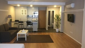 Un espacio habitable compacto con kitchenette, zona de comedor, área de estar con sofá y mesa de centro, y televisor montado en la pared.