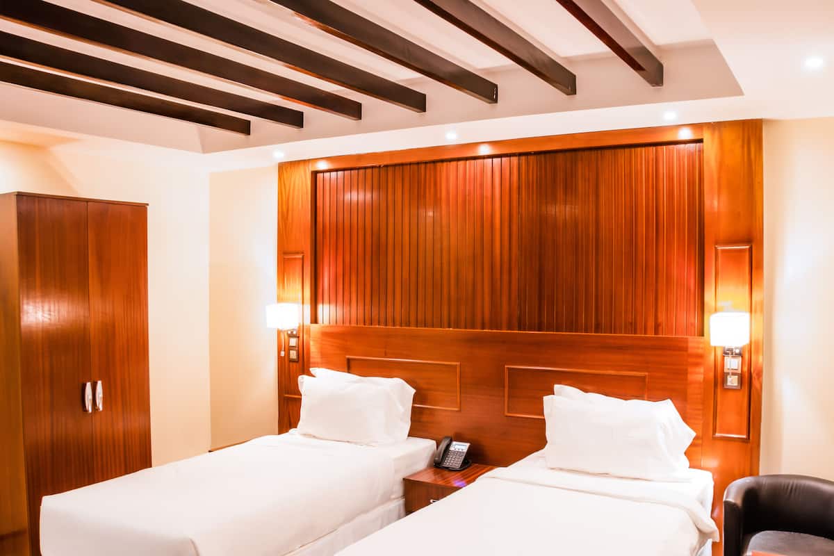 A hotel room with two single beds, wooden headboards, bedside lamps, a telephone, a wardrobe, and a small table with a chair.