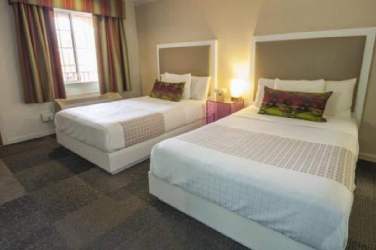A hotel room with two beds, a window with curtains, a bedside table with a lamp, and a carpeted floor.