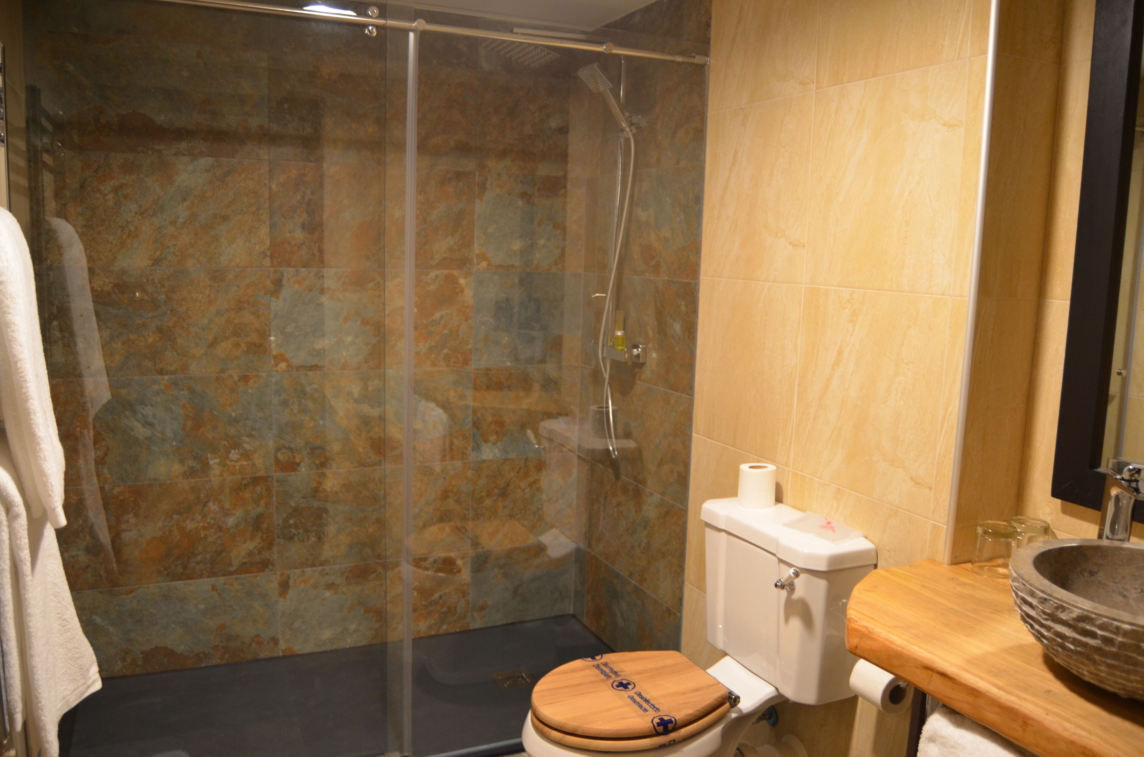 A bathroom with a glass-enclosed shower, a wooden toilet seat, and a stone-tiled wall.