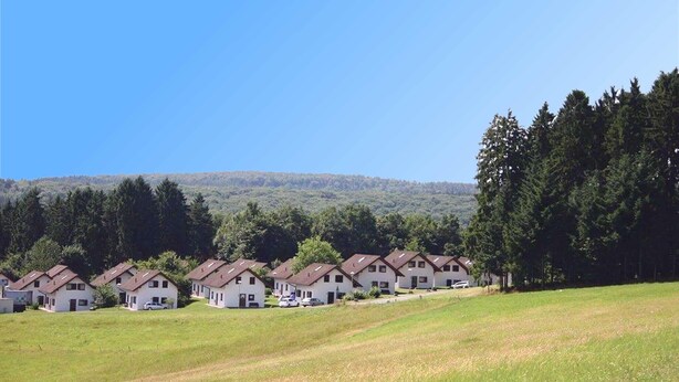 Eine Reihe weißer Häuser mit braunen Dächern, eingebettet in ein saftiges Wiesfeld mit einem bewaldeten Hügel im Hintergrund.