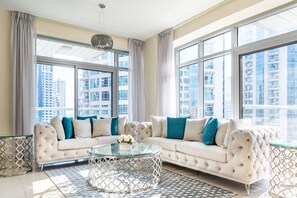 Deluxe Apartment, 2 Bedrooms | Living room | LCD TV - Nasma Luxury Stays - Park Island Blakely (Dubai)