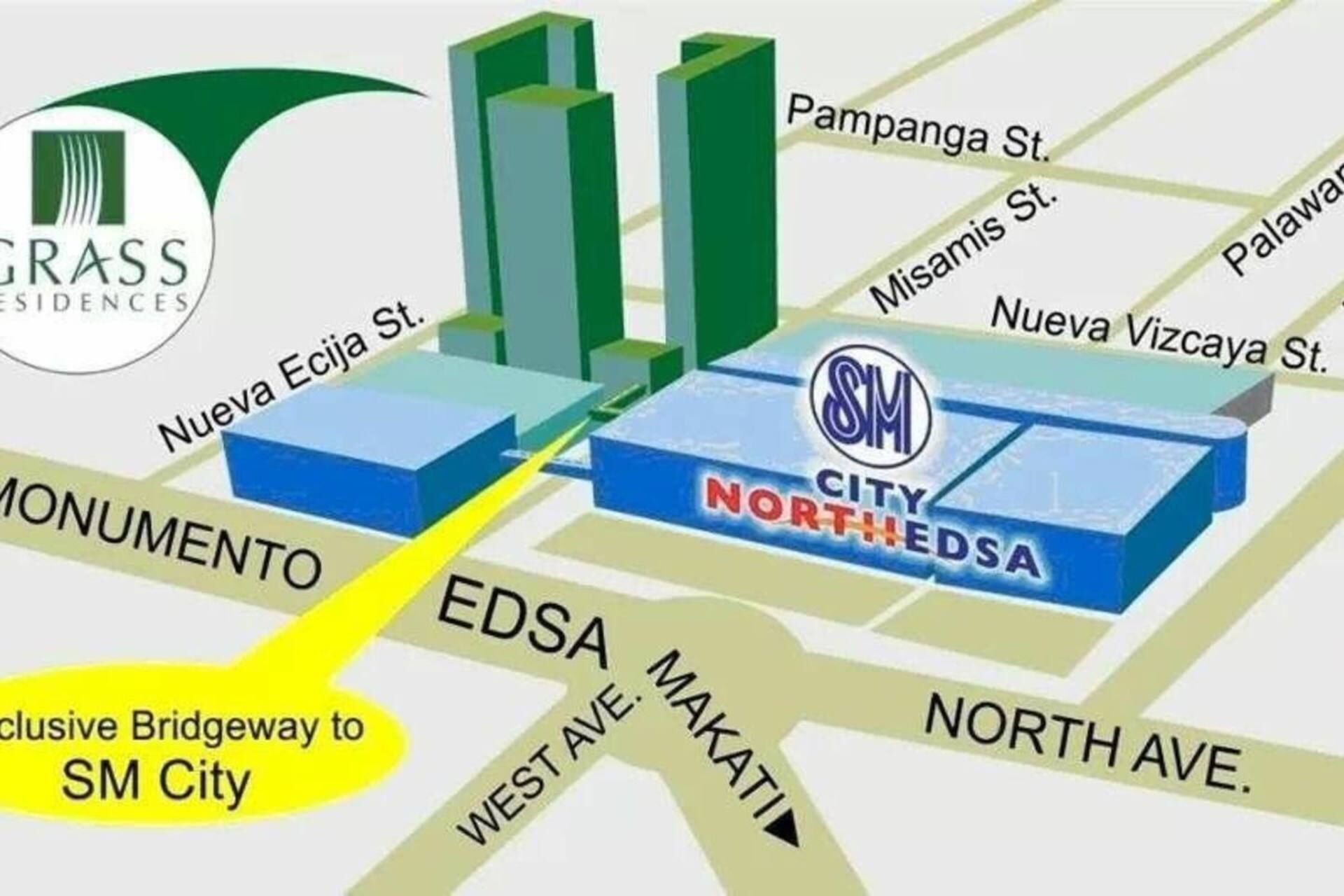 A 3D map highlighting the location of SM City North Edsa, with surrounding streets like Nueva Ecija St., Pampanga St., and Makati.