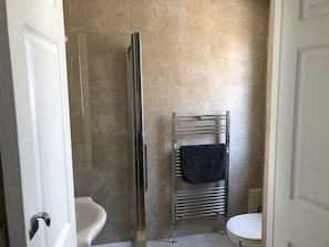 A bathroom with a glass shower enclosure, a towel rack with a towel, and a toilet.