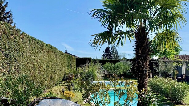 A wooden deck with a white cushioned chair, a small potted plant, and a pool in the background. - Bed & Breakfast Les Tignoliers (Tignieu-Jameyzieu)