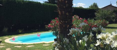 Seasonal outdoor pool, open 9:00 AM to 8:00 PM, sun loungers