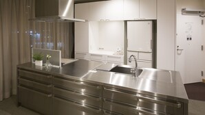 A modern kitchen with stainless steel appliances, a double sink, and a built-in oven. - Three Wellness (Okayama)