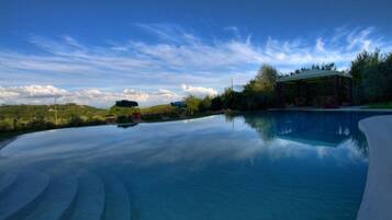 Piscine extérieure, parasols de plage, chaises longues
