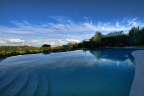 Outdoor pool, pool umbrellas, pool loungers