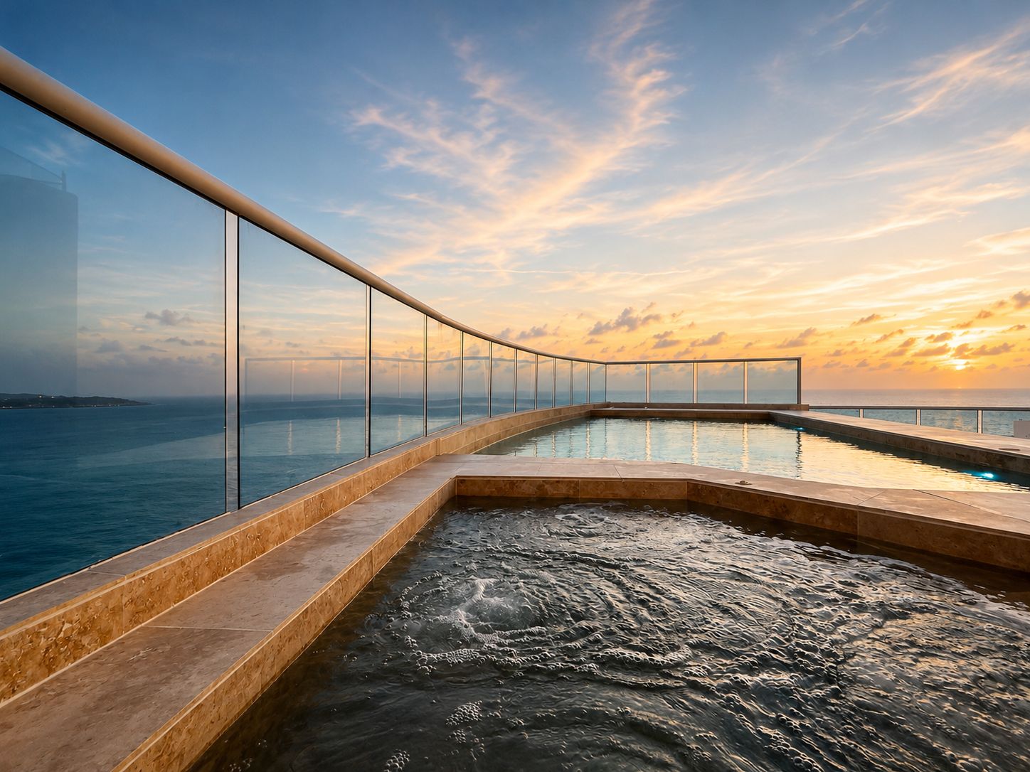 A swimming pool with a glass barrier, surrounded by a curved deck, overlooking a body of water and a sunset sky.