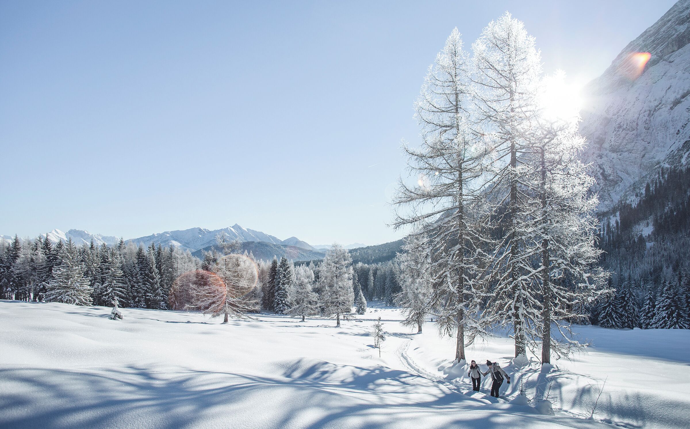 Paisaje nevado con cielo despejado, algunas personas caminando y árboles cubiertos de nieve.