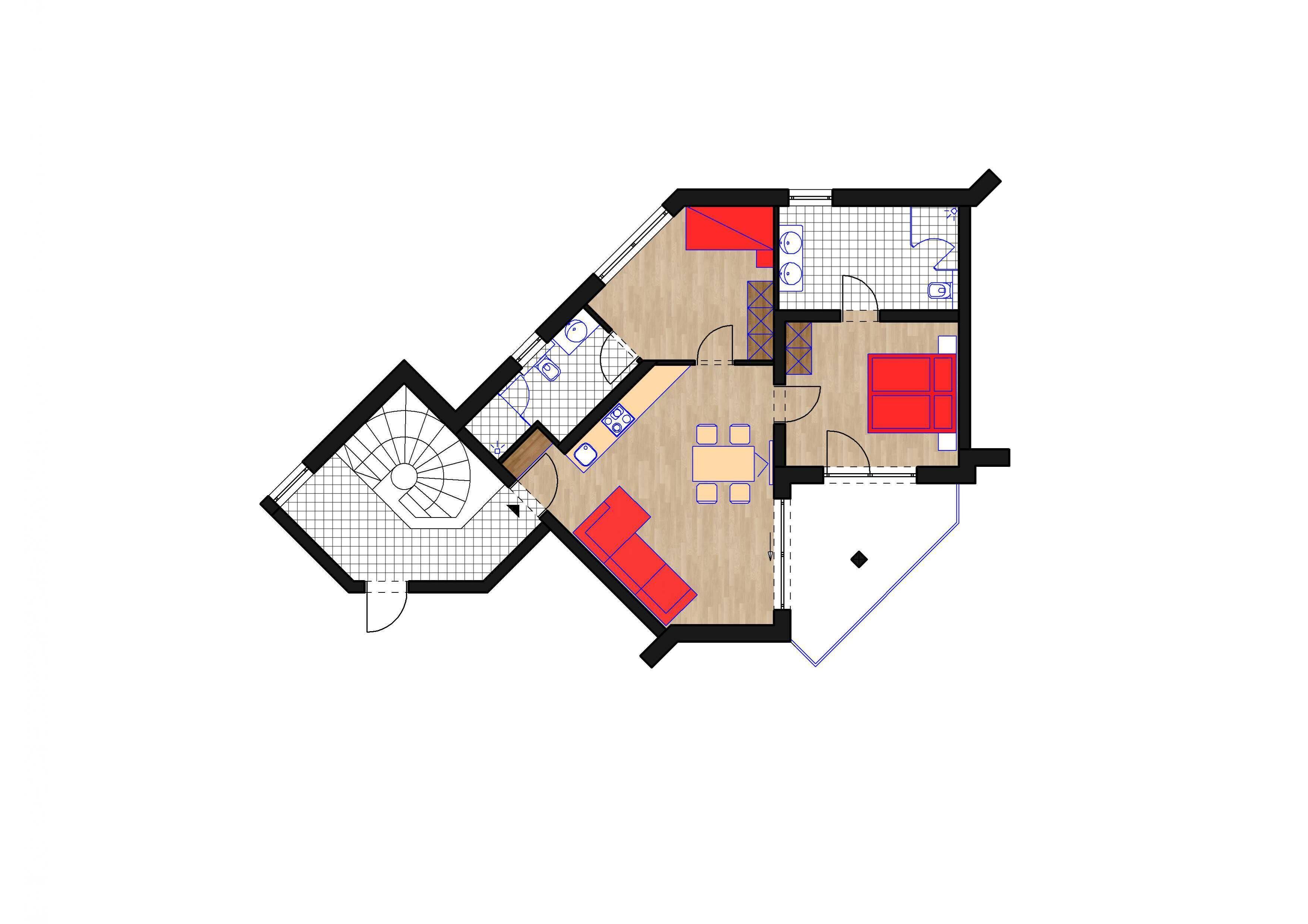 A floor plan with a living area, kitchen, dining space, and a staircase.