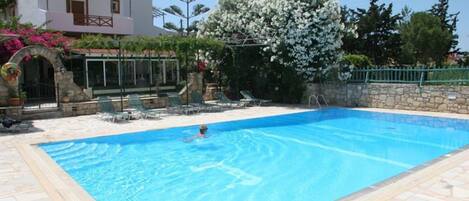 Seasonal outdoor pool, open 8:00 AM to 8:00 PM, pool loungers