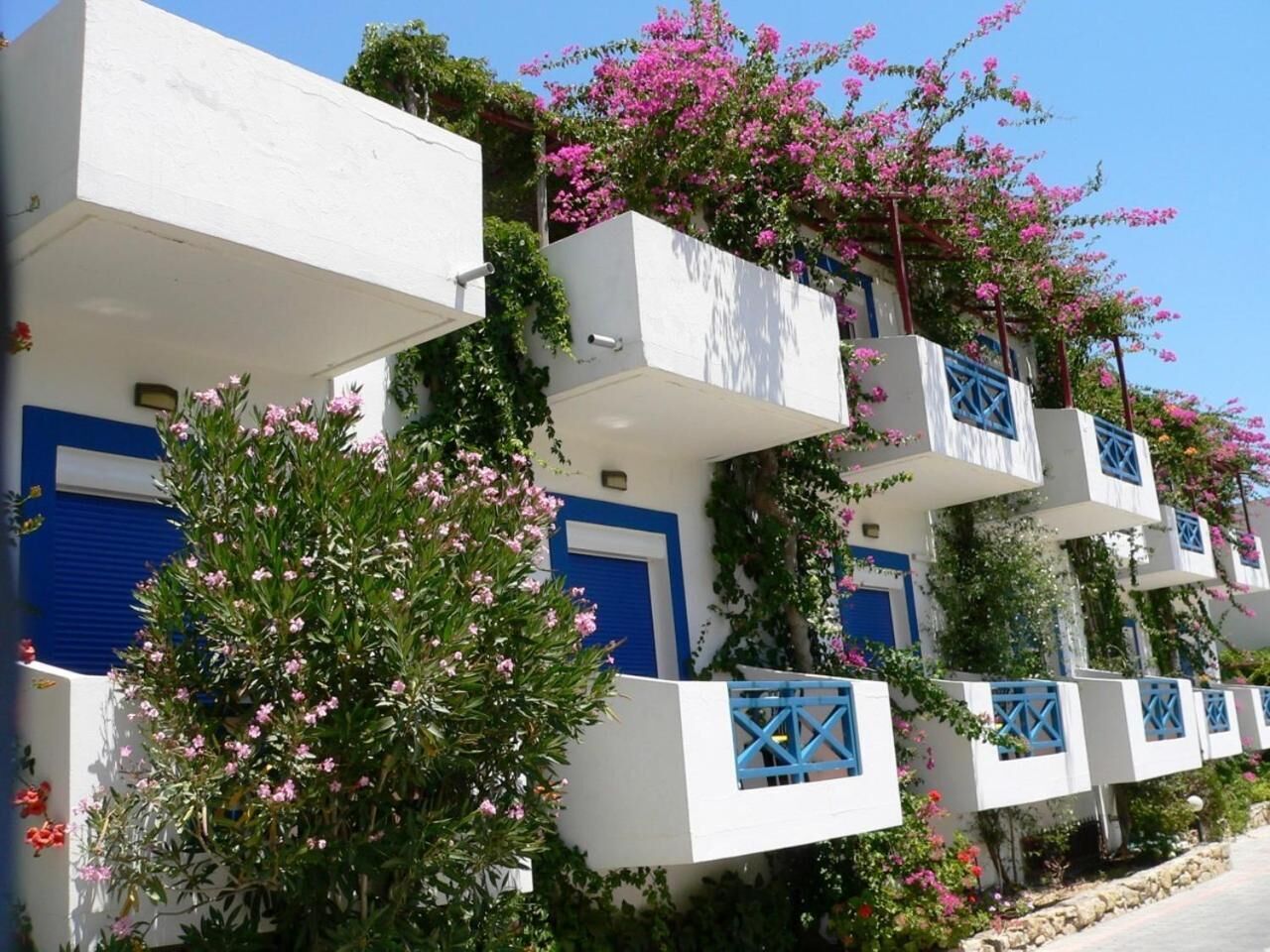 Filare di edifici bianchi con dettagli blu e balconi, circondati da verde e fiori rosa.