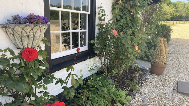 A building with a white exterior, a window with multiple panes, and a gravel pathway leading to a wooden fence. - The George & Dragon Country Pub & Hotel (Tadley)
