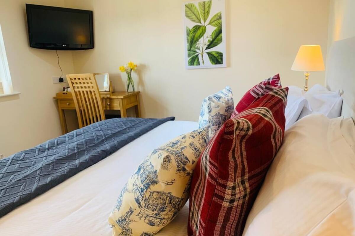 A hotel room with a bed, a desk, a chair, a television, and a wall-mounted artwork.