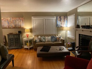 Smart TV, fireplace, DVD player, books