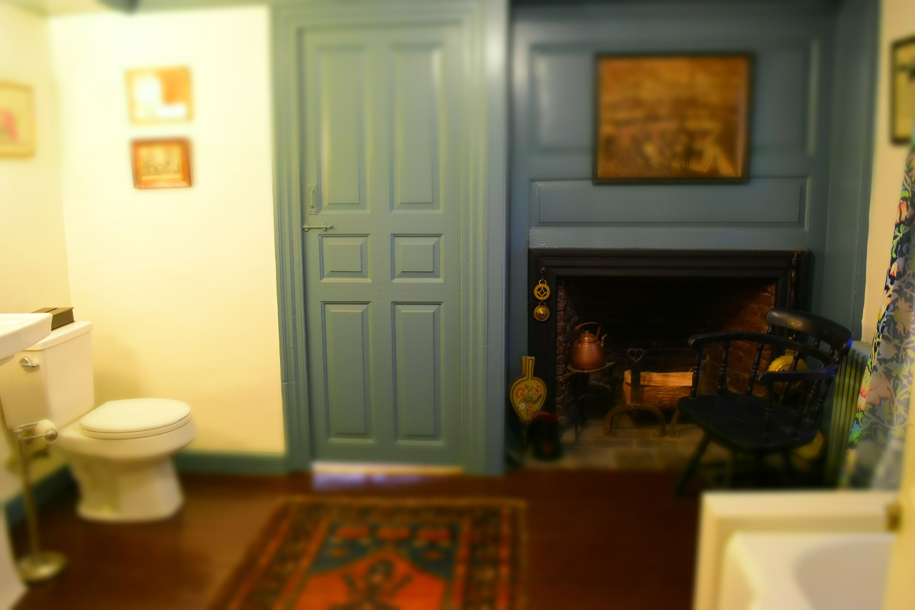 A bathroom with a toilet, a blue door, and a fireplace.