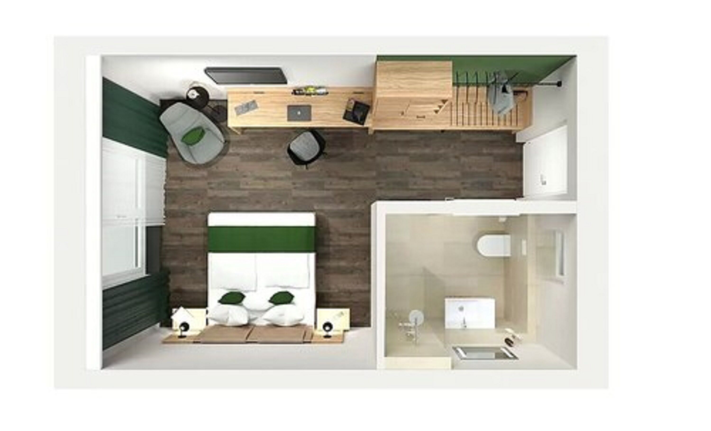 A compact hotel room with a bed, a desk, a small bathroom, and a kitchenette.