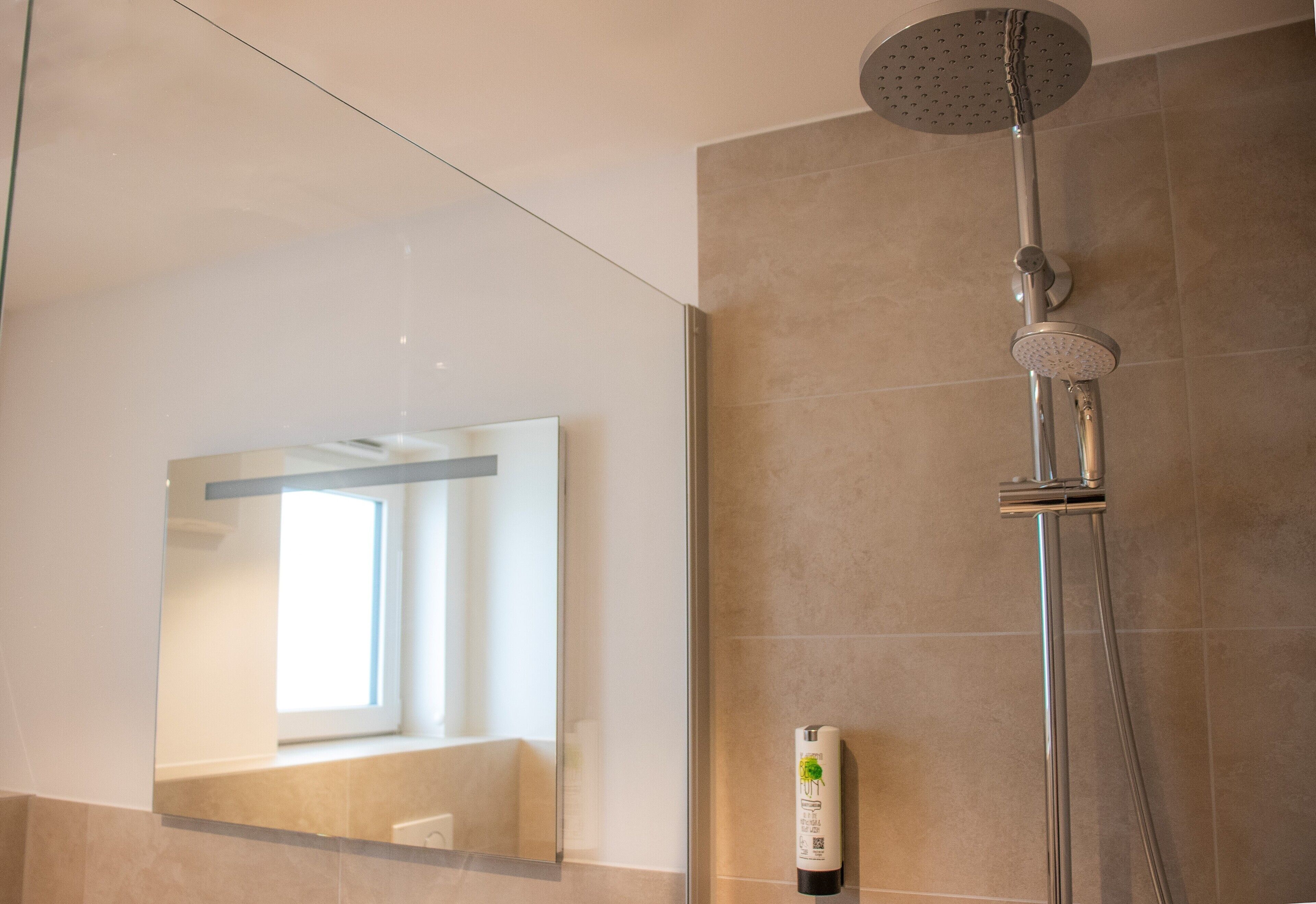 A modern bathroom with a glass shower enclosure, a large mirror, and a handheld showerhead.