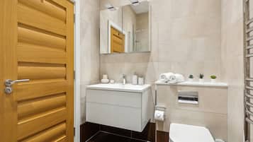 Combined shower/tub, hair dryer, towels, soap