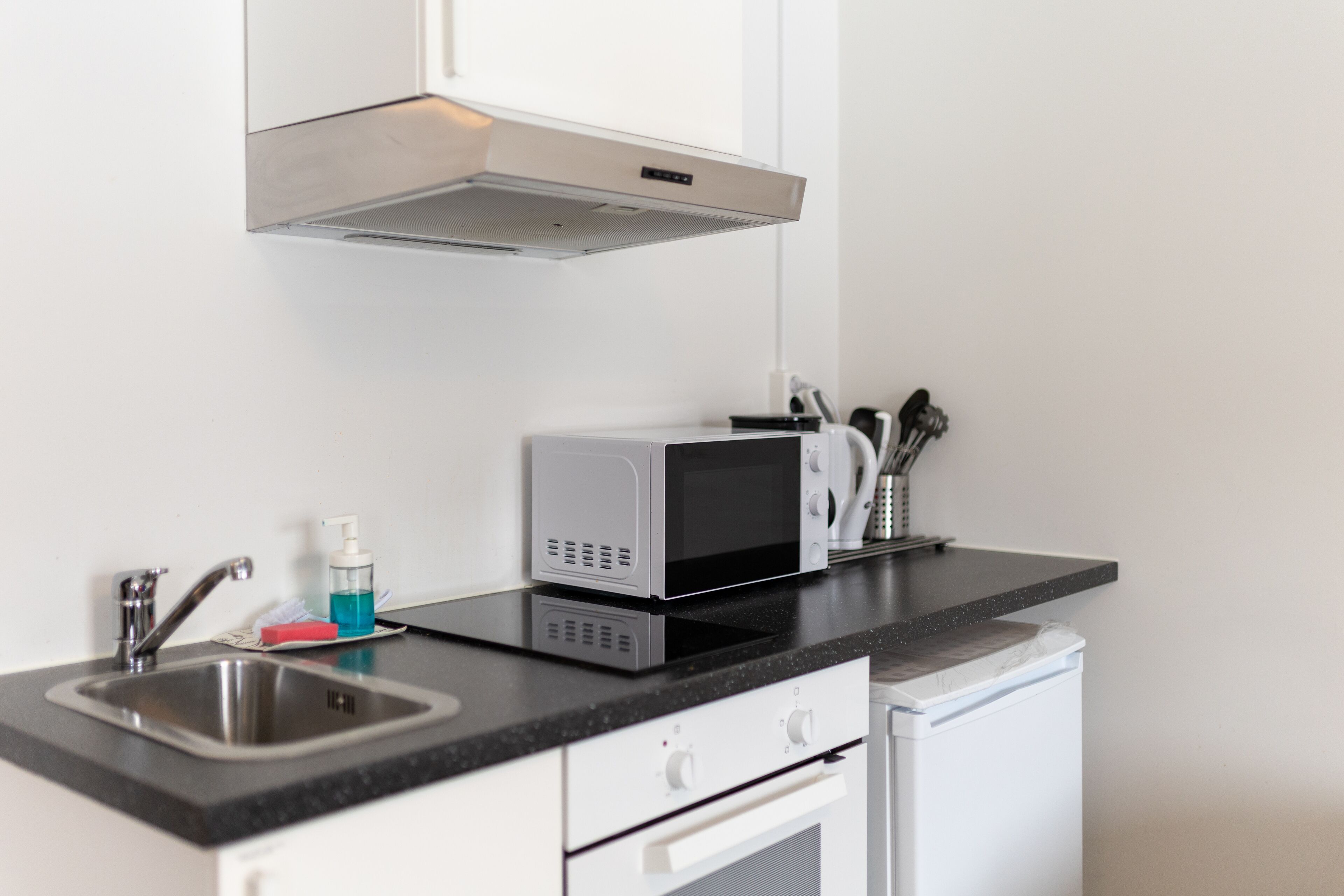 Une cuisine moderne équipée d’un évier en acier inoxydable, d’un four à micro-ondes et d’un four compact.