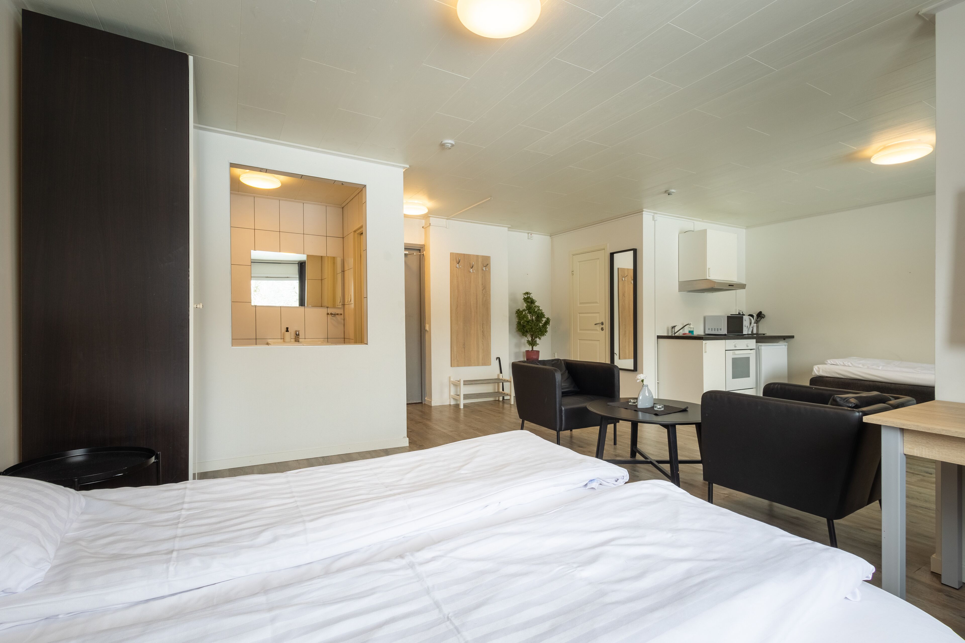 Habitación de hotel con cama, escritorio, silla, pequeña mesa, planta en maceta y kitchenette.