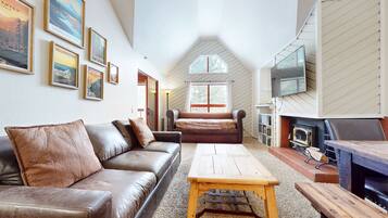 Smart TV, fireplace, DVD player, books