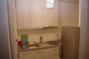 Apartament empresarial | Cuina bàsica privada | Frigorífic, placa de cuina i bullidora elèctrica