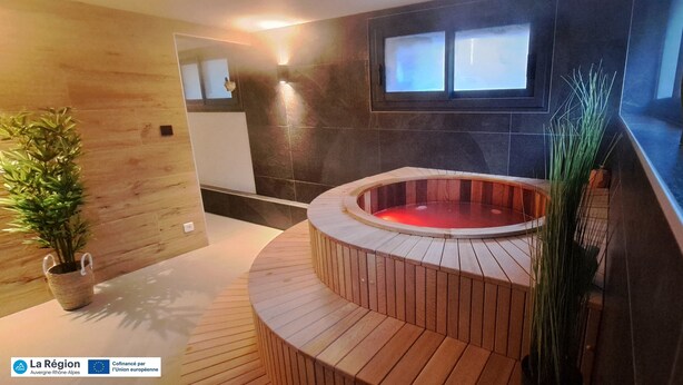 Un área de spa moderna con un banco de madera, una bañera de hidromasaje y una planta en maceta.