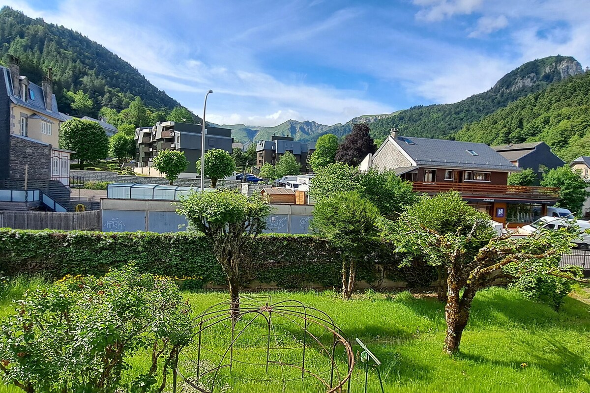 A residential area with stone buildings, a green park, and a mountainous backdrop.